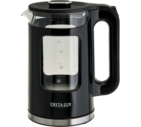 Чайник DELTA LUX DE-1017 корпус из жаропр. стекла, черный, 2200Вт, 1,7л (6) Р1-00024763