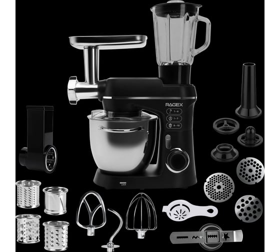 Кухонный комбайн RAGEX R118 15 в 1, 4.5 л, 1300 Вт, глубокий черный R118-001