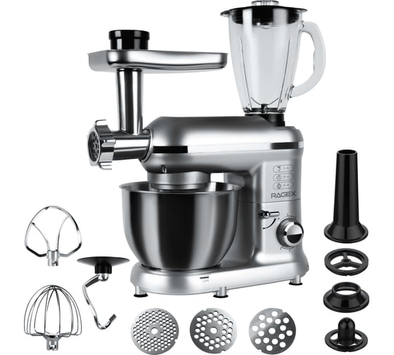 Кухонный комбайн RAGEX R101 9 в 1, 4.5 л, 1500 Вт, серебристый R101-900