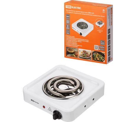 Одноконфорная электроплитка TDM ЭПС1-ОТ, 230 В, 1 кВт, откидной нагревательный элемент, спираль, белая SQ2504-0008