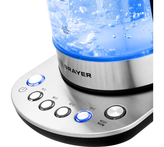 Электрический стеклянный чайник BRAYER 1.7 л, с выбором температуры, ситечко BR1028