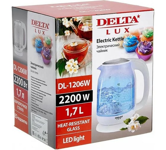 Чайник DELTA LUX DL-1206W корпус из жаропрочного стекла, белый, 2200 Вт, 1.7л 6 0R-00006315