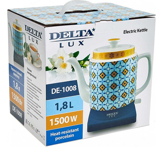 Чайник DELTA LUX DE-1008 корпус из фарфора, на подставке, 1500 Вт, 1.8 л 6 Р1-00006174
