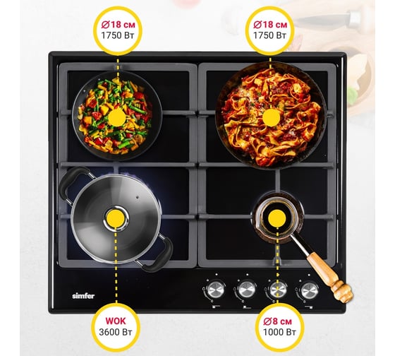 Газовая варочная поверхность Simfer газ-контроль, WOK конфорка H60V41B516