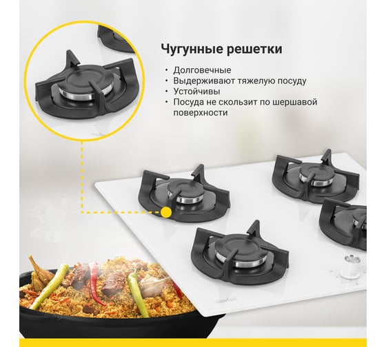 Газовая варочная панель SImfer чугунные решетки, автоподжиг, закаленное стекло H60N40W416