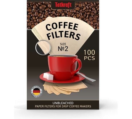 Бумажные фильтры для кофеварки Tatkraft неотбеленные №2, одноразовые, 100 шт. 13742