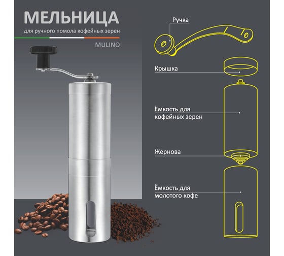 Мельница для ручного помола кофейных зерен Mallony Mulino 4.7х19 см, нержавеющая сталь 004682