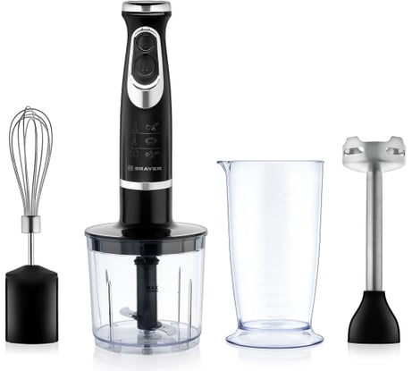 Погружной блендер BRAYER 800 Вт, лезвия из нержавеющей стали, 2 скорости, плавная регулировка, венчик, измельчитель 350 мл, стакан 700 мл BR1240