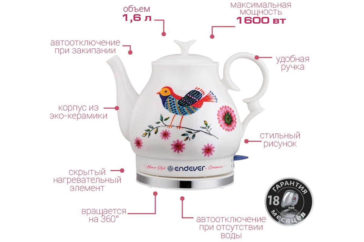 Керамический электрический чайник ENDEVER KR-410 C - выгодная цена ...
