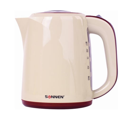 Чайник SONNEN KT-002 1.7 л, 2200 Вт, закрытый нагревательный элемент, пластик, бежевый/красный 451711