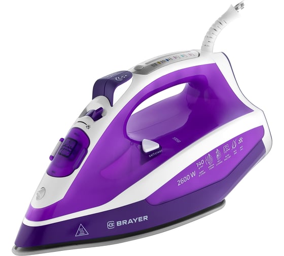 Утюг BRAYER 2600 Вт, керамический, автоотключение, пар 140 г/м, LED антикапля, cпрей, 360 мл BR4000VT 1
