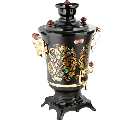 Самовар Centek черный хохлома, 4.0 л, 2100 Вт, поддержание температуры + LED индикатор, керамический заварочный чайник 1 л CT-0093