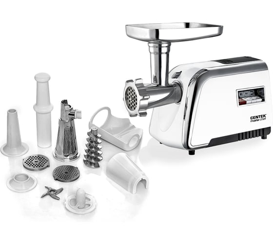 Мясорубка Centek 2000 Bт, соковыжималка, нож + диски 2 шт из литой стали, реверс белый/хром CT-1602 Juice