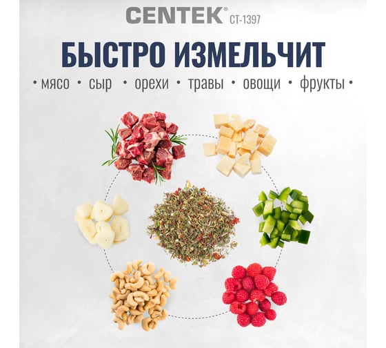 Чоппер Centek Blue 600 Вт 2 скорости, стеклянная чаша 2 л, 4 лезвия, резиновое основание CT-1397
