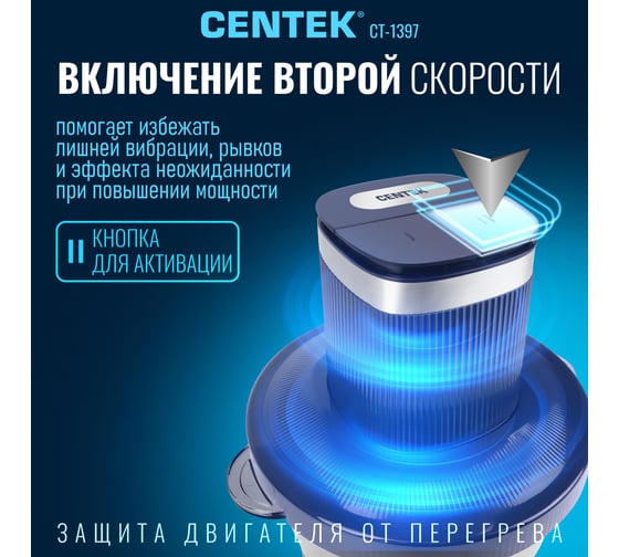 Чоппер Centek Blue 600 Вт 2 скорости, стеклянная чаша 2 л, 4 лезвия, резиновое основание CT-1397