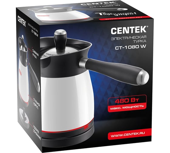 Электрическая турка Centek белый 0.5 л, 480 Вт, нержавеющая сталь, съемная мягкая ручка, крышка CT-1080 W
