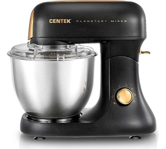Планетарный миксер Centek черный/золотой 1500 Вт литой, чаша 6 л, 3 насадки, 6 скоростей + импульсный режим CT-1137