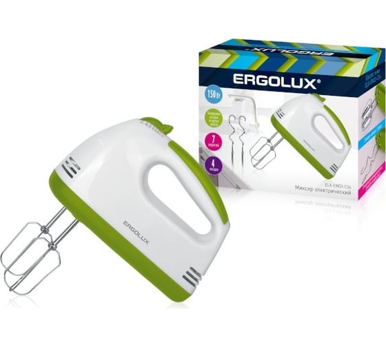 Ручной миксер Ergolux ELX-EM03-C34 бело-салатовый, 150 Вт, 220-240 В 14935