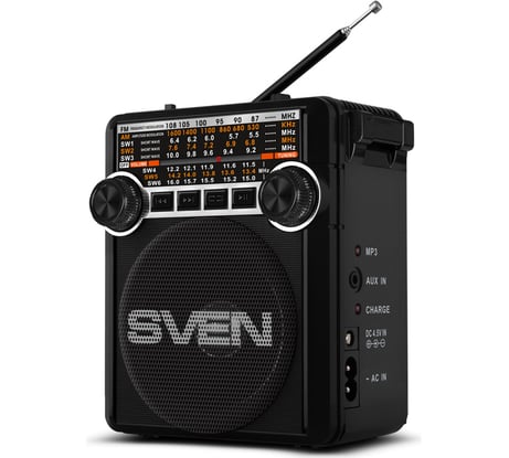 Радиоприёмник SVEN АС SRP-355 черный, 3 Вт, FM/AM/SW, USB, SD/microSD, фонарь, встроенный аккумулятор SV-017125