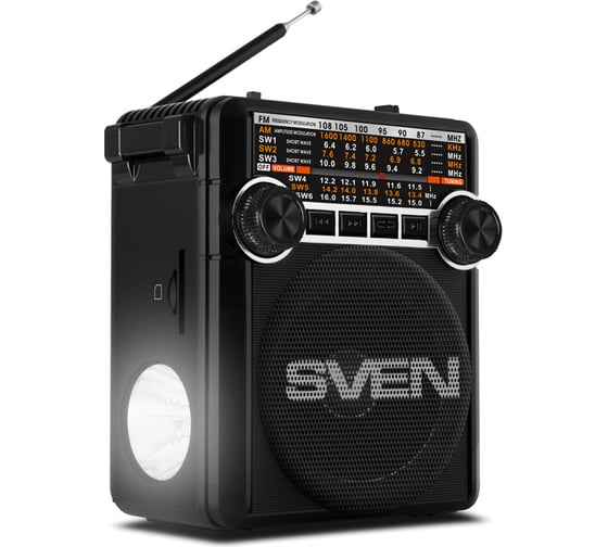 Радиоприёмник SVEN АС SRP-355 черный, 3 Вт, FM/AM/SW, USB, SD/microSD, фонарь, встроенный аккумулятор SV-017125