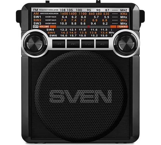 Радиоприёмник SVEN АС SRP-355 черный, 3 Вт, FM/AM/SW, USB, SD/microSD, фонарь, встроенный аккумулятор SV-017125