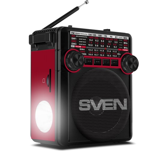 Радиоприёмник SVEN АС SRP-355 красный, 3 Вт, FM/AM/SW, USB, SD/microSD, фонарь, встроенный аккумулятор SV-017132