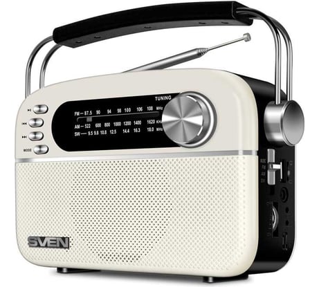 Радиоприёмник SVEN АС SRP-505 белый, 3 Вт, Bluetooth, FM/AM/SW, USB, microSD, AUX, встроенный аккумулятор SV-020439