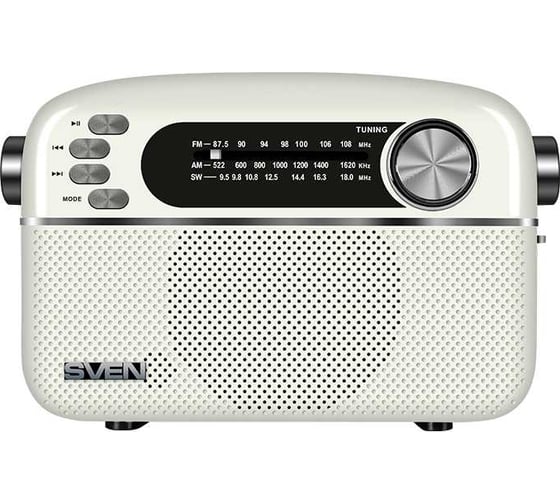Радиоприёмник SVEN АС SRP-505 белый, 3 Вт, Bluetooth, FM/AM/SW, USB, microSD, AUX, встроенный аккумулятор SV-020439