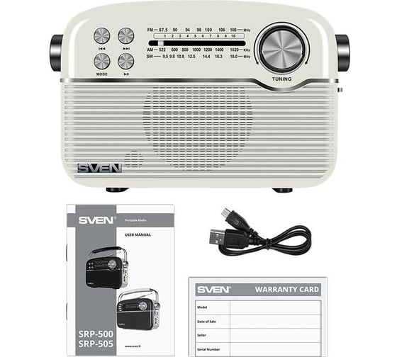 Радиоприёмник SVEN АС SRP-500 белый, 3 Вт, Bluetooth, FM/AM/SW, USB, microSD, AUX, встроенный аккумулятор SV-020422