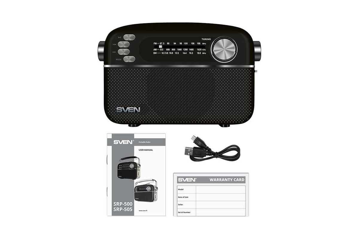 Радиоприёмник SVEN АС SRP-505 черный, 3 Вт, Bluetooth, FM/AM/SW, USB,  microSD, AUX, встроенный аккумулятор SV-020446