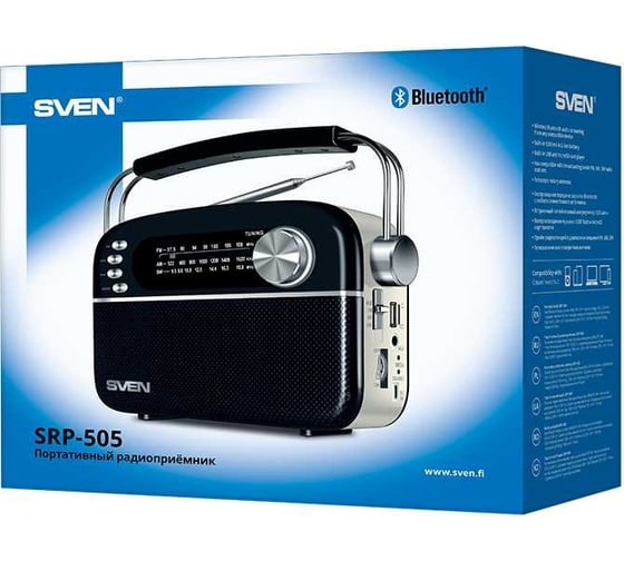 Радиоприёмник SVEN АС SRP-505 черный, 3 Вт, Bluetooth, FM/AM/SW, USB, microSD, AUX, встроенный аккумулятор SV-020446