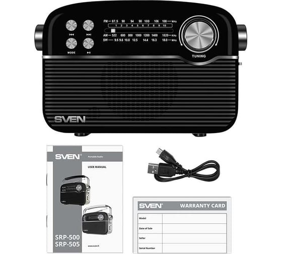 Радиоприёмник SVEN АС SRP-500 черный, 3 Вт, Bluetooth, FM/AM/SW, USB, microSD, AUX, встроенный аккумулятор SV-020415