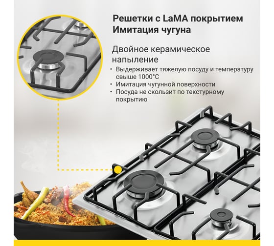 Варочная поверхность SImfer газовая решётки LAMA, газконтроль, автоподжиг, нержавеющая сталь H60Q40M570