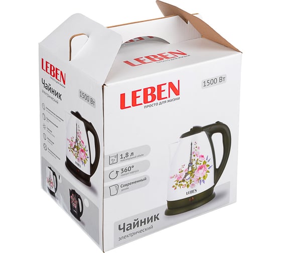 Электрический чайник LEBEN 1.8 л, 1500 Вт, нержавеющая сталь, рисунок цветы 291-057