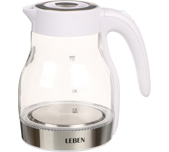 Электрический чайник LEBEN 1.7 л, 2200 Вт, стекло, белый пластик 291-089