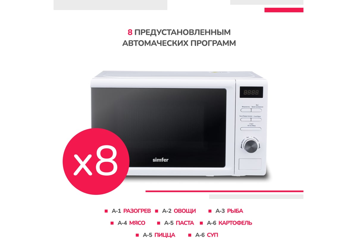 Микроволновая печь SImfer соло 20 литров, 1050 Вт, белая MD2250 ...