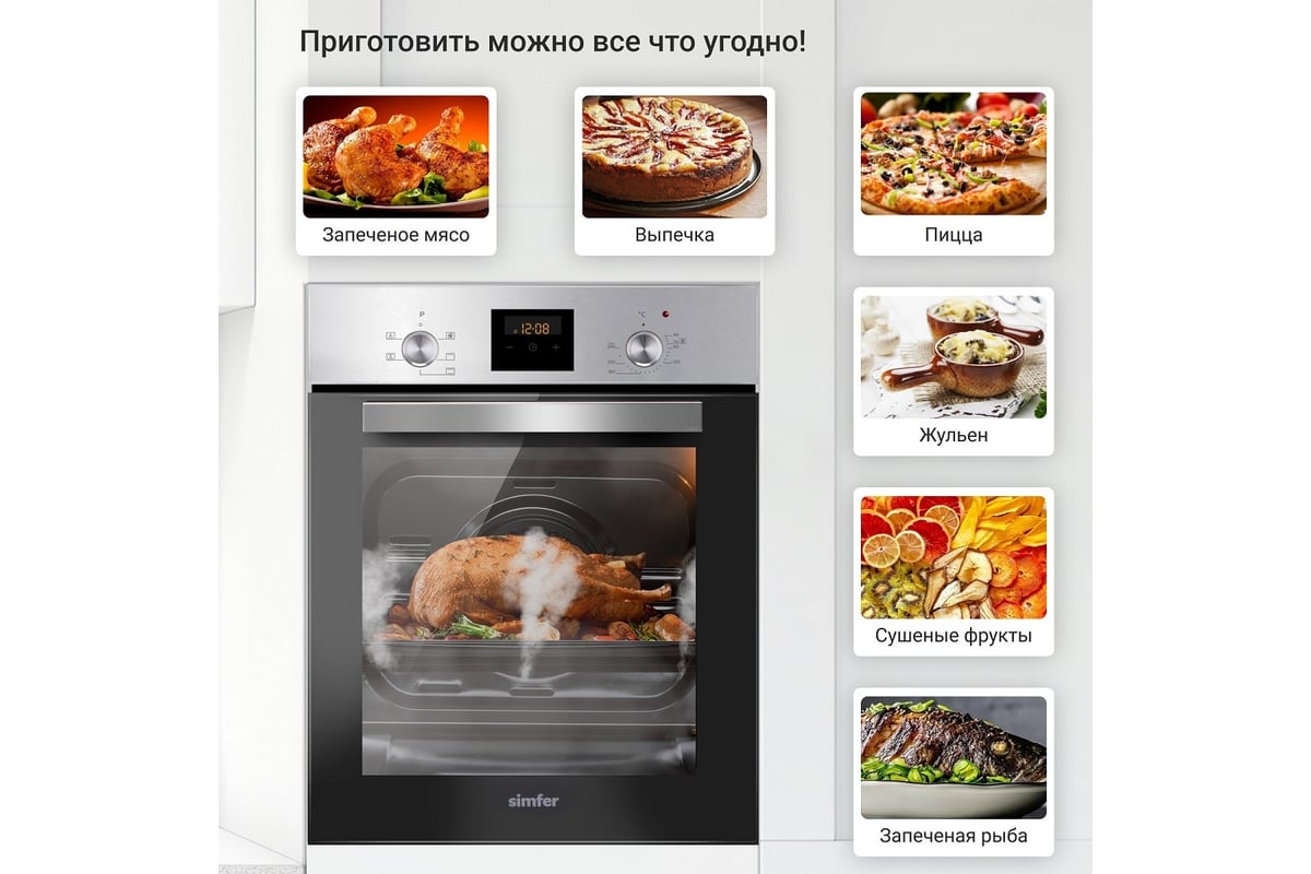 Электрический духовой шкаф SImfer 5 режимов работы, конвекция, утапливаемые  переключатели B4EM56501 - выгодная цена, отзывы, характеристики, фото -  купить в Москве и РФ