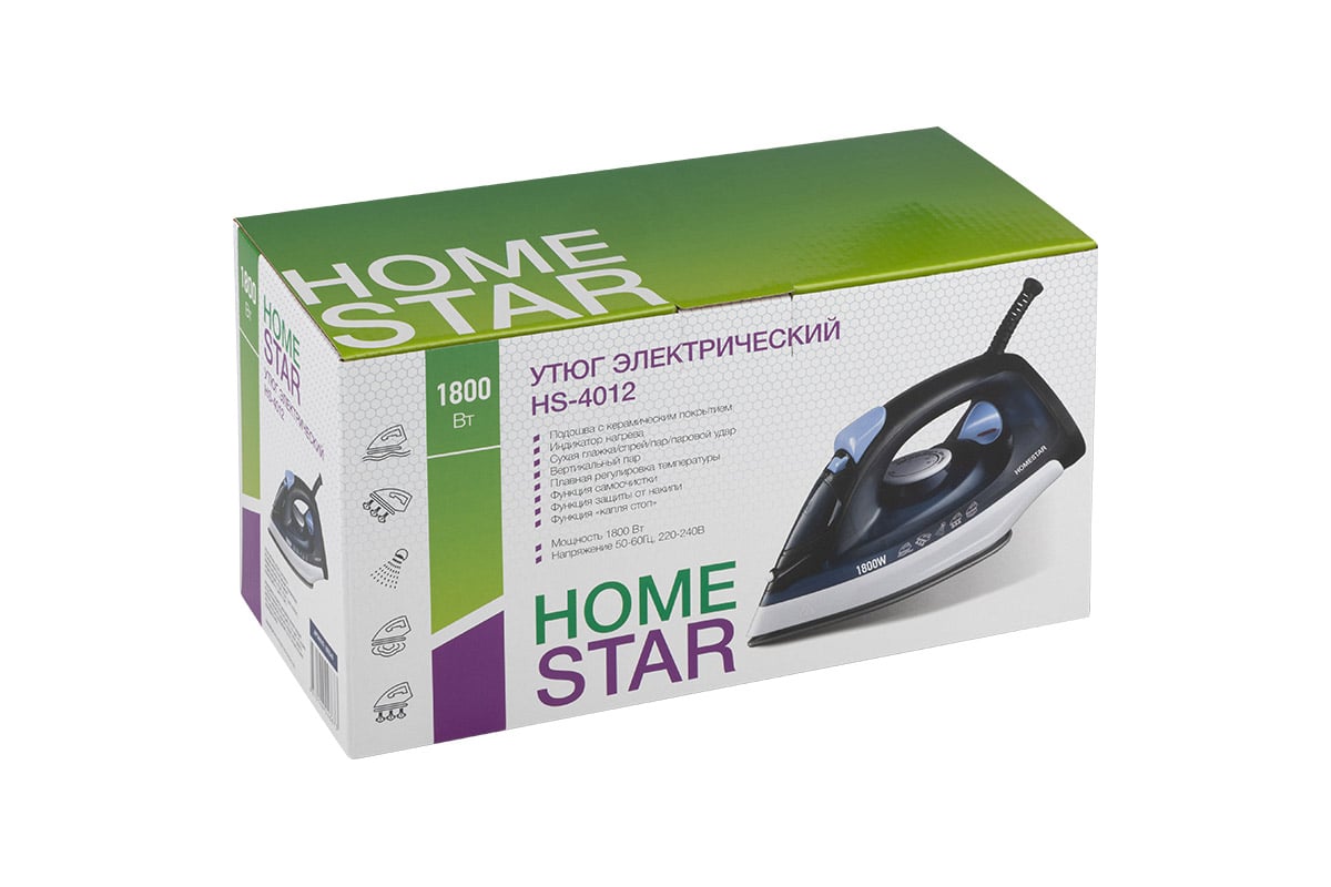 Утюг Homestar hs-4012 синий 1800 Вт, пар, спрей, паровой удар, самоочистка,  керамическая подошва 105545 - выгодная цена, отзывы, характеристики, фото -  купить в Москве и РФ