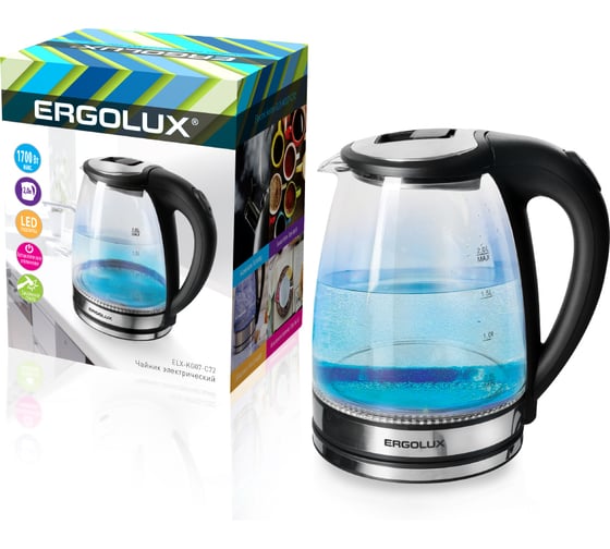 Стеклянный чайник Ergolux ELX-KG07-C72 черный, нержавеющая сталь, 2.0 л, 220-240В, 1700 Вт 15074