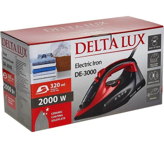 Утюг Delta LUX DE-3000 черный с красным, 2000 Вт, керамика, самоочистка, паровой удар, 320 мл 10 Р1-00009338
