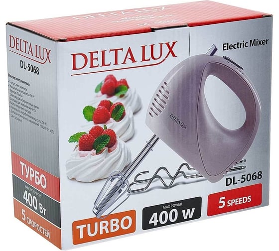 Миксер DELTA LUX DL-5068 розовый, 400 Вт, 4 насадки, 5 скоростных режимов, турбо (12) 0R-00003080
