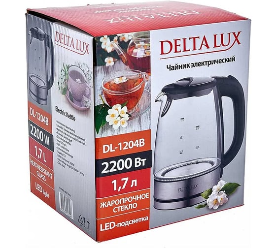 Чайник Delta LUX DL-1204В корпус из жаропрочного стекла, чёрный, 2200 Вт, 1.7 л 0R-00003055