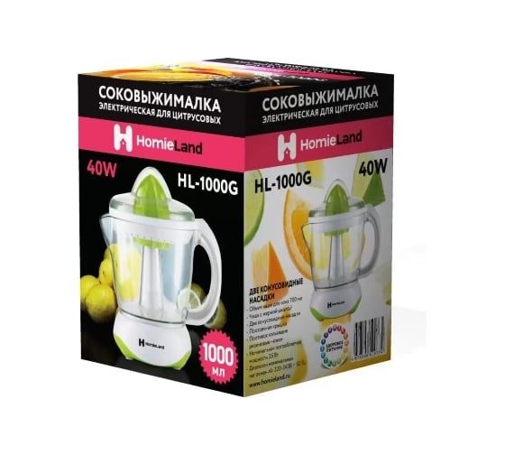 Электрическая соковыжималка HomieLand HL-1000G белая с зеленым, 40 Вт, 1000 мл 12 00-00016305