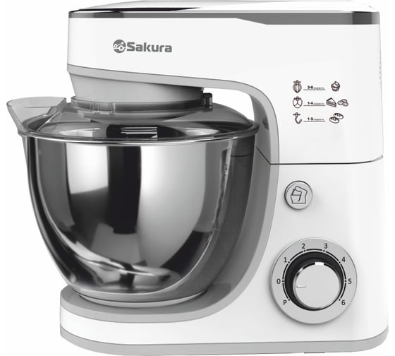Электрический миксер с чашей SAKURA SA-6332W ELEGANT планетарный, 1300 Вт, 5.0 л, 6 скоростей, Турбо РТ-00069990