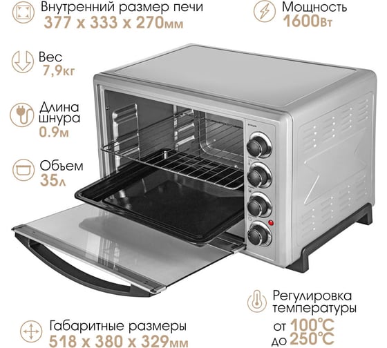Мини-печь Endever Danko 4037, серебристый цвет, мощность 1600 Вт, объем 35 л, 1 шт в упаковке 90403