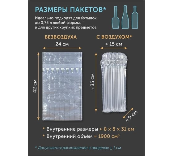 Надувной защитный пакет для винных бутылок ООО ИВАДЖО 24x41,5 см, тип Q, 5 шт IVJ-VP-Q-24X42-5
