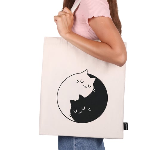 Сумка-шоппер BRAUBERG premium, канвас, 40x35 см, на кнопке, карман, бежевый, yin-yang 271901
