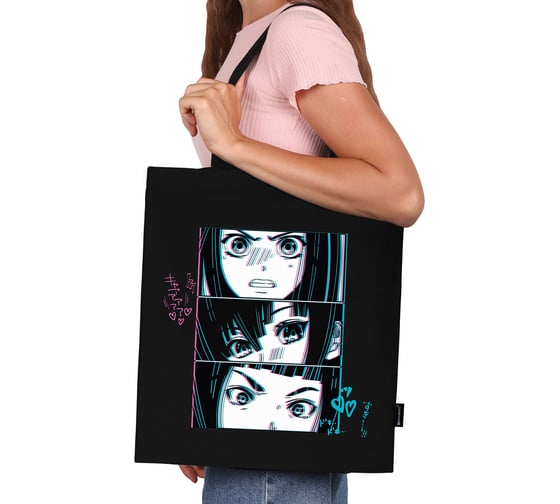 Сумка-шоппер BRAUBERG premium, канвас, 40x35 см, на кнопке, карман, черный, anime face 271903