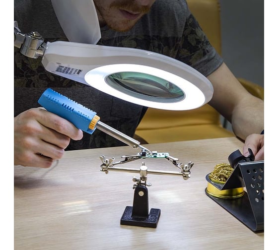 Лупа на струбцине REXANT круглая, 5D, с подсветкой, 72 SMD, сенсорный регулятор яркости, диаметр 152 мм, белая 31-0532