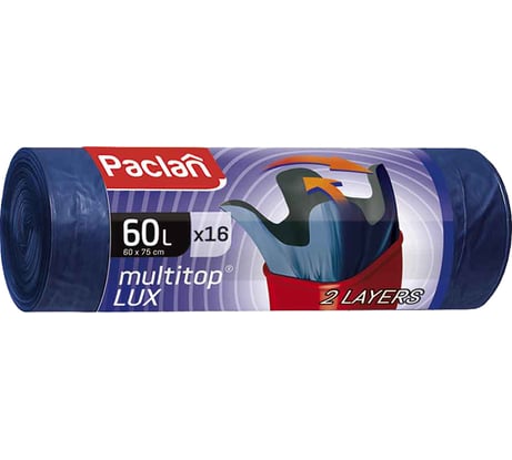 Мешки для мусора с ушками Multitop Lux (16 шт; 60x75 см; 60 л; ПВД; 30 мкм; синие) Paclan 606330